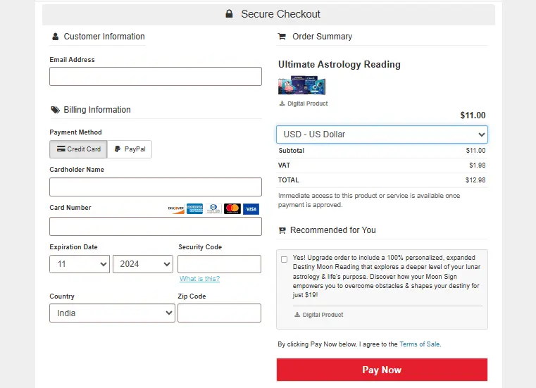 Moon Reading Checkout page